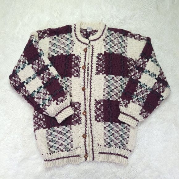 Vintage Exotic Arts 100% Wool Red White & Green Cardigan Made In Ecuador - Picture 1 of 9